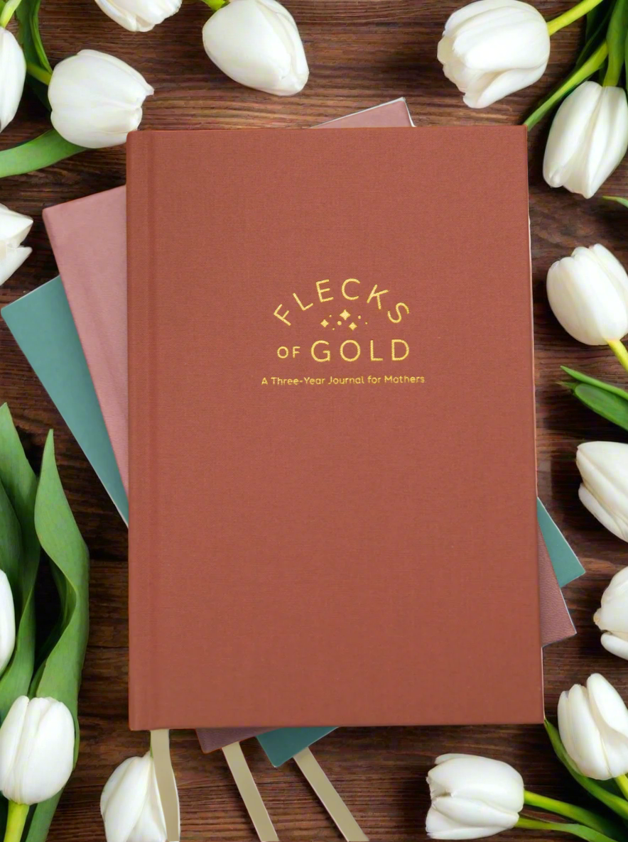 Terracotta Linen Flecks of Gold Journal with gold embossing. A Three-Year Journal For Mothers. Helping you find the joy in Motherhood. A journal for moms who want to see the good in every day. Helping overwhelmed, busy moms. Created by Rachel Nielson of 3 in 30 Podcast.