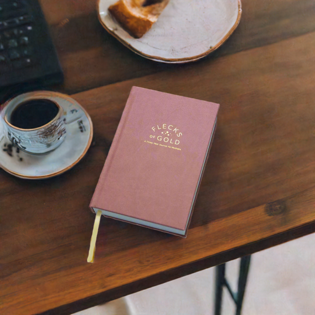 Vegan Rose Flecks of Gold Journal with gold embossing. A Three-Year Journal For Mothers. Helping you find the joy in Motherhood. A journal for moms who want to see the good in every day. Helping overwhelmed, busy moms. Created by Rachel Nielson of 3 in 30 Podcast. Motherhood Journal. Gratitude Journal.