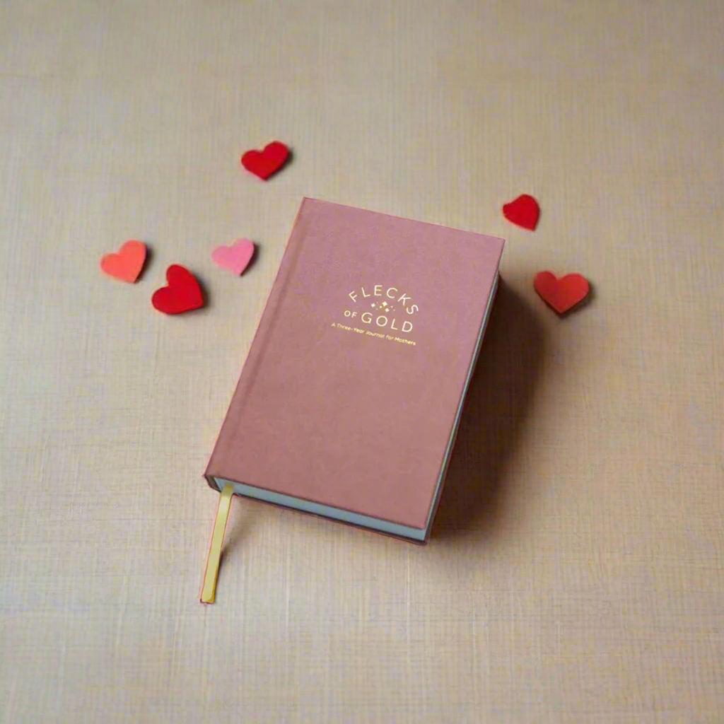 Vegan Rose Flecks of Gold Journal with gold embossing. A Three-Year Journal For Mothers. Helping you find the joy in Motherhood. A journal for moms who want to see the good in every day. Helping overwhelmed, busy moms. Created by Rachel Nielson of 3 in 30 Podcast. Motherhood Journal. Gratitude Journal.