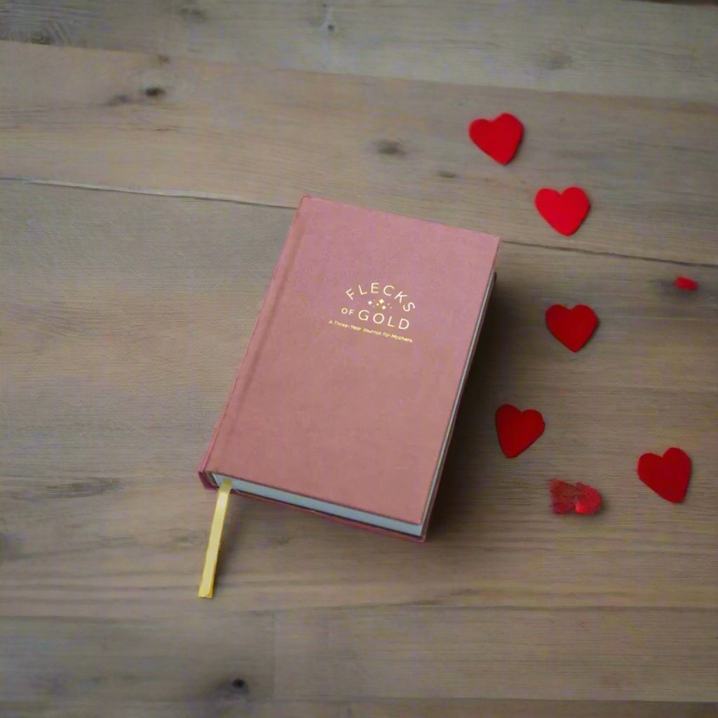 Vegan Rose Flecks of Gold Journal with gold embossing. A Three-Year Journal For Mothers. Helping you find the joy in Motherhood. A journal for moms who want to see the good in every day. Helping overwhelmed, busy moms. Created by Rachel Nielson of 3 in 30 Podcast. Motherhood Journal. Gratitude Journal.