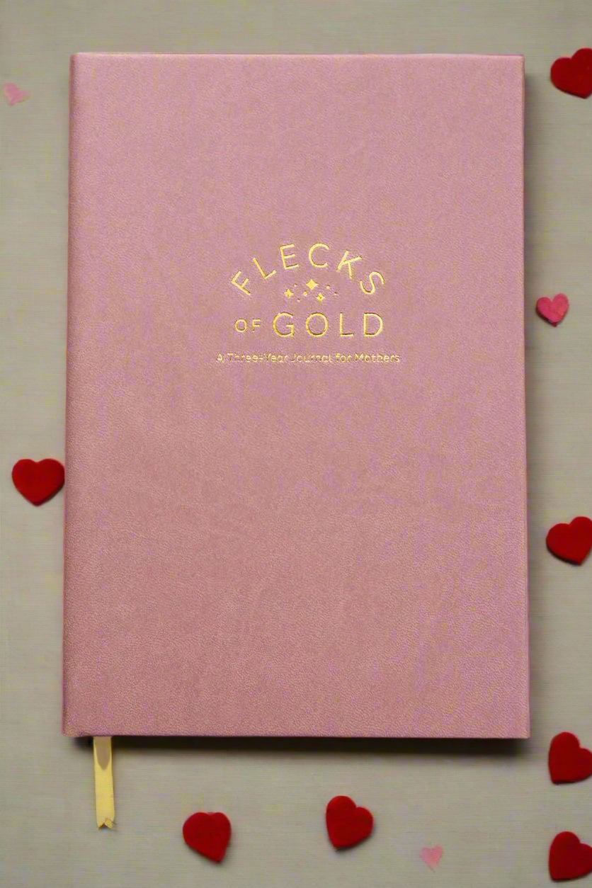 Vegan Rose Flecks of Gold Journal with gold embossing. A Three-Year Journal For Mothers. Helping you find the joy in Motherhood. A journal for moms who want to see the good in every day. Helping overwhelmed, busy moms. Created by Rachel Nielson of 3 in 30 Podcast. Motherhood Journal. Gratitude Journal.