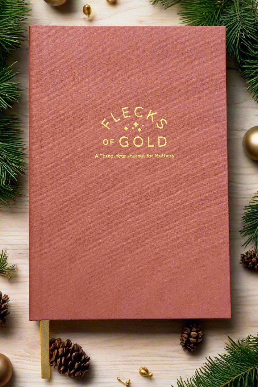 Terracotta Linen Flecks of Gold Journal with gold embossing. A Three-Year Journal For Mothers. Helping you find the joy in Motherhood. A journal for moms who want to see the good in every day. Helping overwhelmed, busy moms. Created by Rachel Nielson of 3 in 30 Podcast.