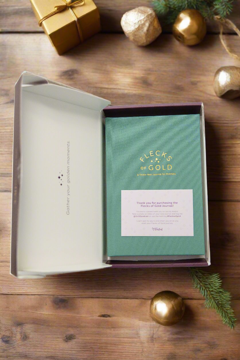 Teal Linen Flecks of Gold Journal with gold embossing. A Three-Year Journal For Mothers. Helping you find the joy in Motherhood. A journal for moms who want to see the good in every day. Helping overwhelmed, busy moms. Created by Rachel Nielson of 3 in 30 Podcast. Motherhood Journal.  Gratitude Journal.