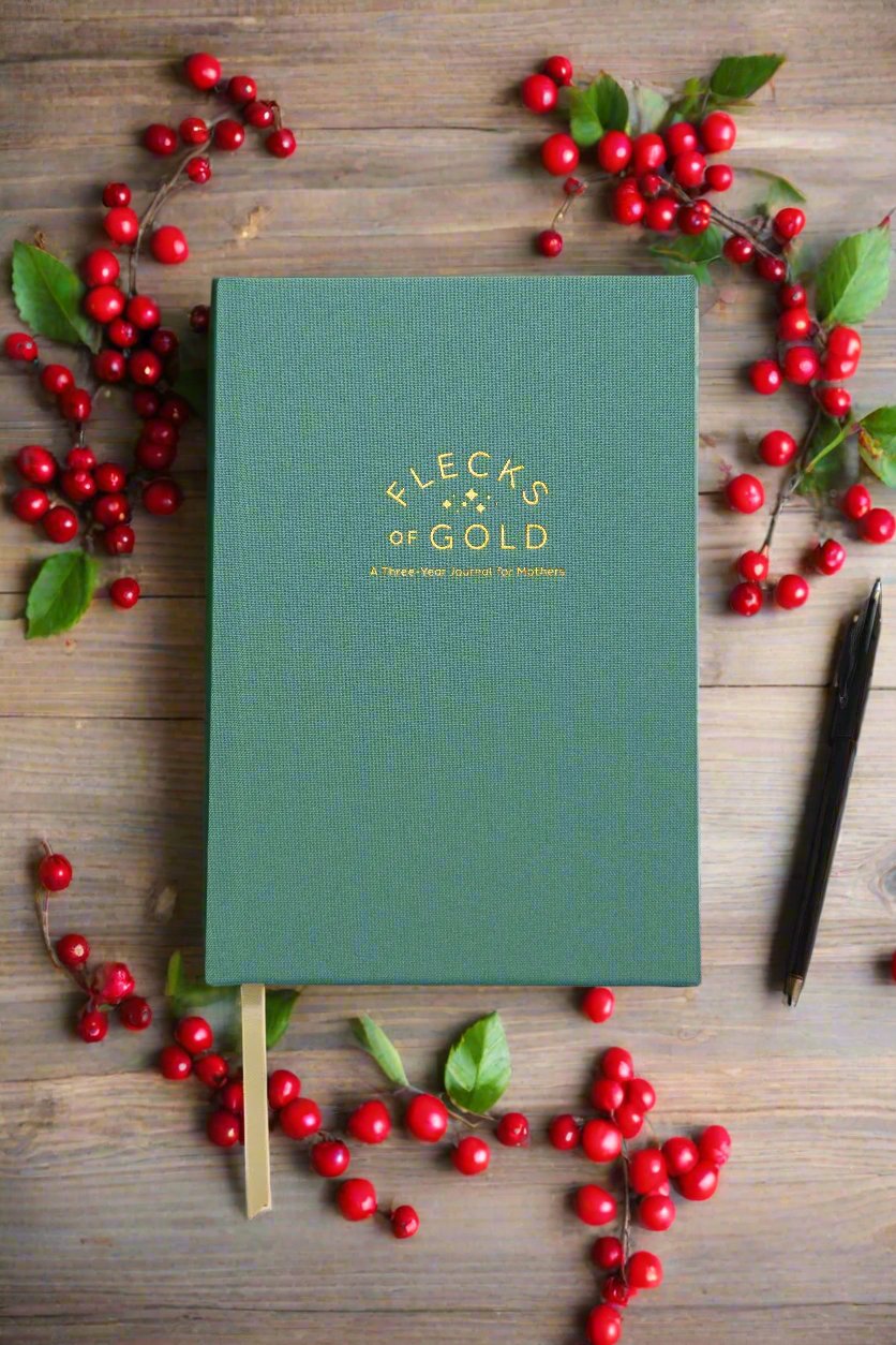 Teal Linen Flecks of Gold Journal with gold embossing. A Three-Year Journal For Mothers. Helping you find the joy in Motherhood. A journal for moms who want to see the good in every day. Helping overwhelmed, busy moms. Created by Rachel Nielson of 3 in 30 Podcast. Motherhood Journal.  Gratitude Journal.