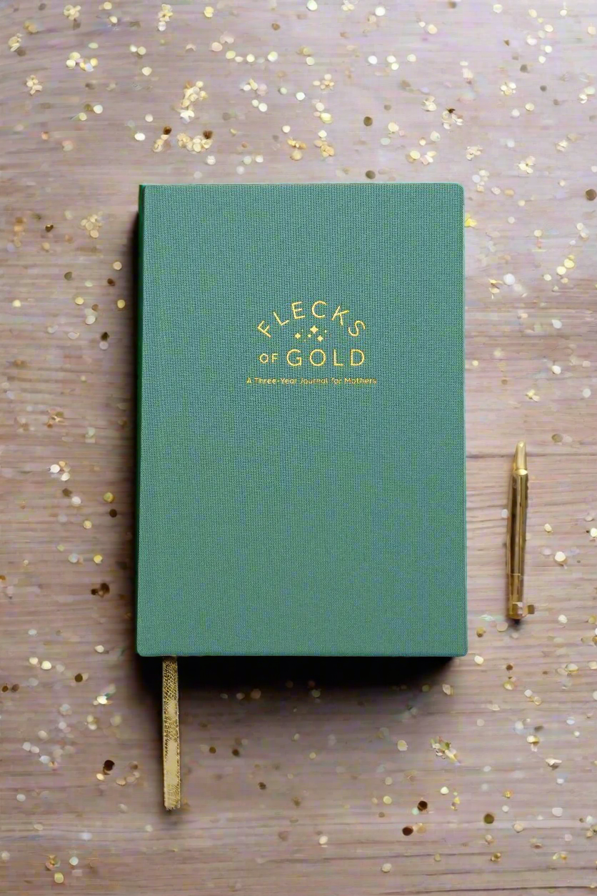 Teal Linen Flecks of Gold Journal with gold embossing. A Three-Year Journal For Mothers. Helping you find the joy in Motherhood. A journal for moms who want to see the good in every day. Helping overwhelmed, busy moms. Created by Rachel Nielson of 3 in 30 Podcast.  Motherhood Journal.  Three-year journal. Gratitude Journal.
