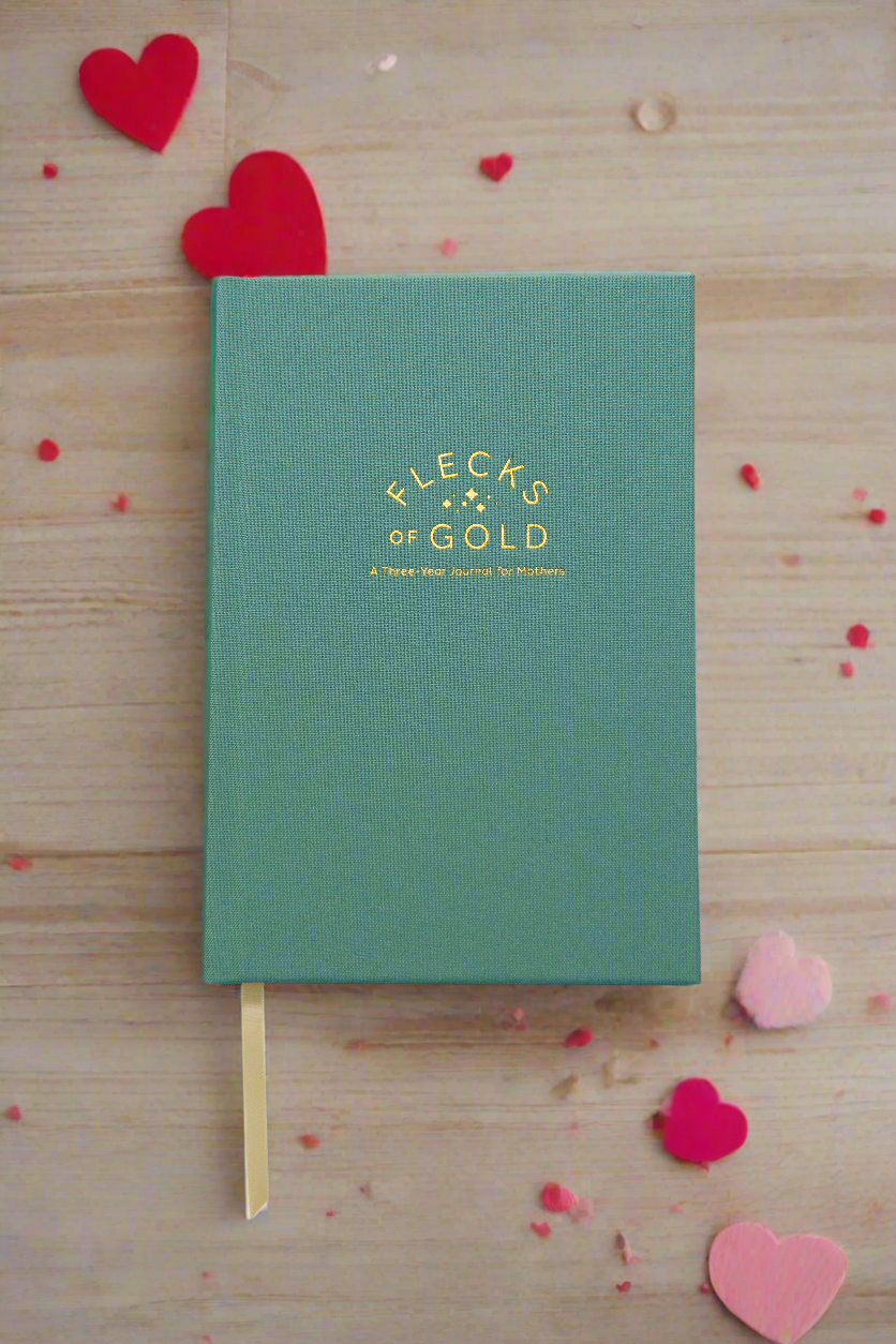 Teal Linen Flecks of Gold Journal with gold embossing. A Three-Year Journal For Mothers. Helping you find the joy in Motherhood. A journal for moms who want to see the good in every day. Helping overwhelmed, busy moms. Created by Rachel Nielson of 3 in 30 Podcast.  Motherhood Journal.  Three-year journal. Gratitude Journal.