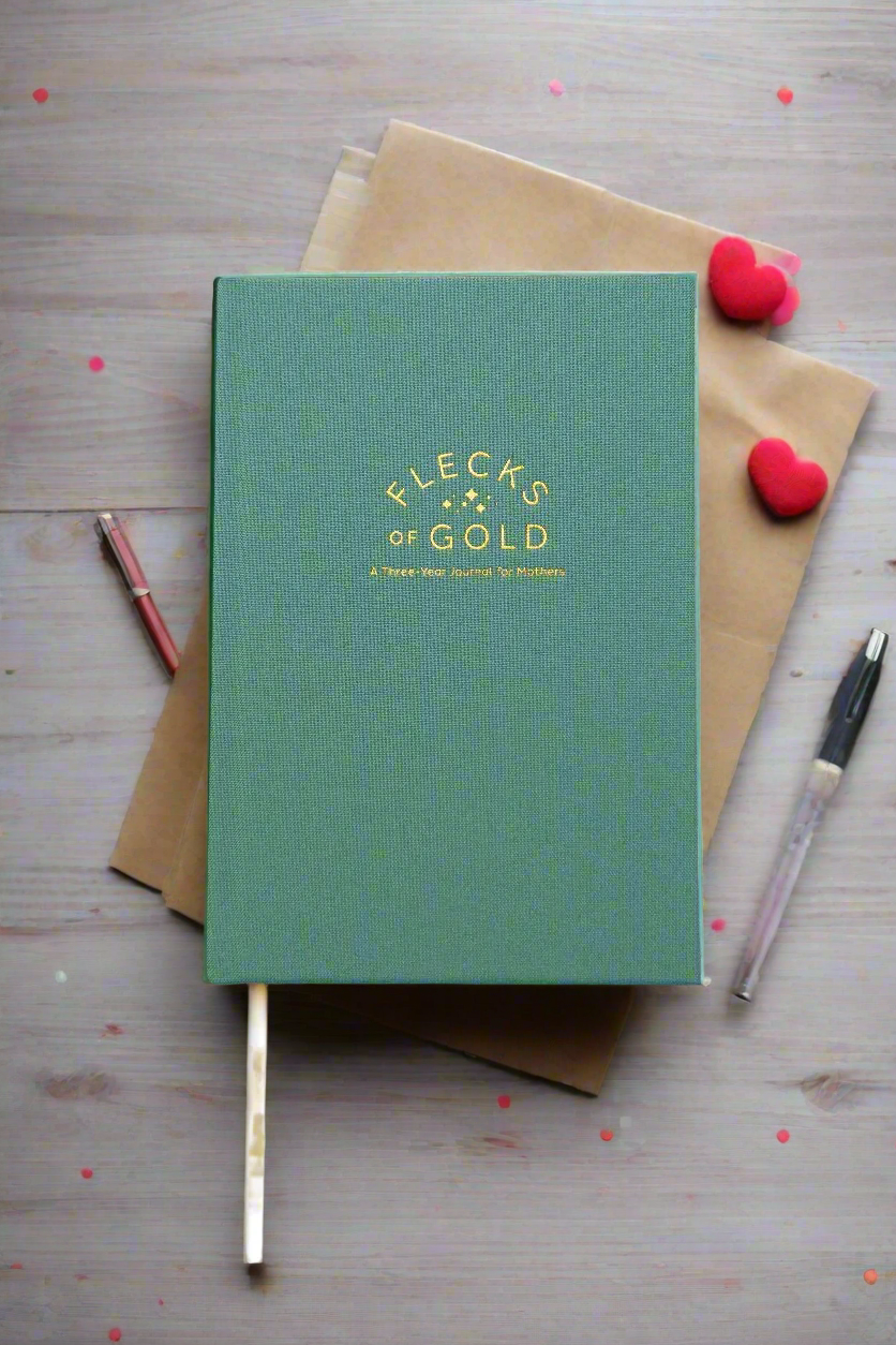 Teal Linen Flecks of Gold Journal with gold embossing. A Three-Year Journal For Mothers. Helping you find the joy in Motherhood. A journal for moms who want to see the good in every day. Helping overwhelmed, busy moms. Created by Rachel Nielson of 3 in 30 Podcast.  Motherhood Journal.  Three-year journal. Gratitude Journal.