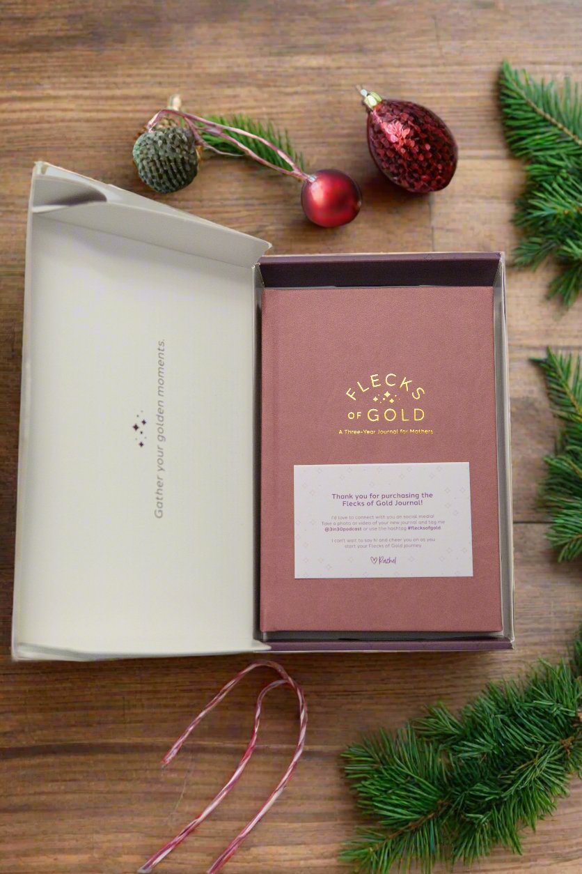 Vegan Rose Flecks of Gold Journal with gold embossing. A Three-Year Journal For Mothers. Helping you find the joy in Motherhood. A journal for moms who want to see the good in every day. Helping overwhelmed, busy moms. Created by Rachel Nielson of 3 in 30 Podcast. Motherhood Journal. Gratitude Journal.