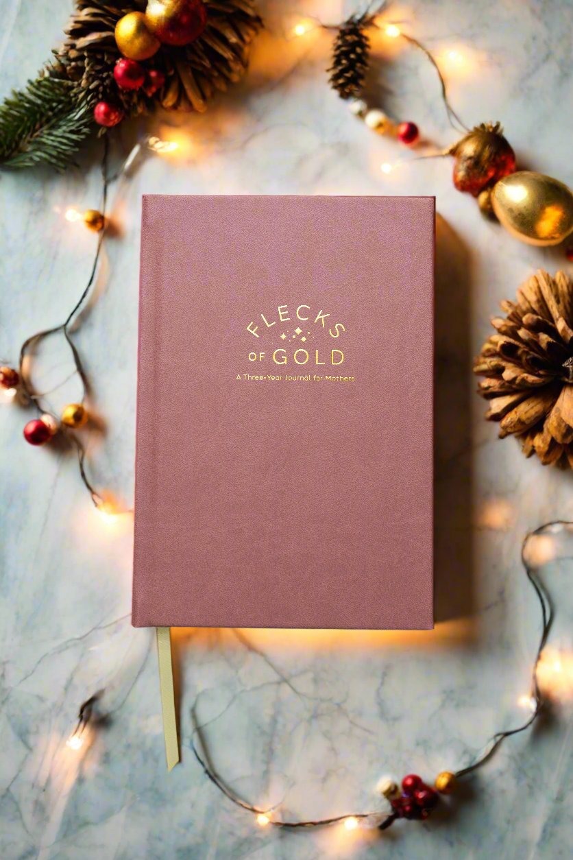 Motherhood Journal Holiday gift. Vegan Rose Flecks of Gold Journal with gold embossing. A Three-Year Journal For Mothers. Helping you find the joy in Motherhood. A journal for moms who want to see the good in every day. Helping overwhelmed, busy moms. Created by Rachel Nielson of 3 in 30 Podcast. Motherhood Journal. Gratitude Journal.