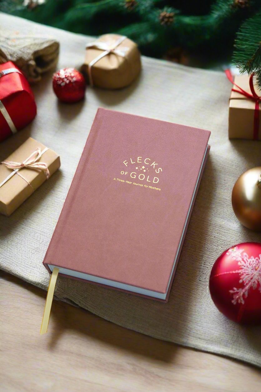 Vegan Rose Flecks of Gold Journal with gold embossing. A Three-Year Journal For Mothers. Helping you find the joy in Motherhood. A journal for moms who want to see the good in every day. Helping overwhelmed, busy moms. Created by Rachel Nielson of 3 in 30 Podcast. Motherhood Journal. Gratitude Journal.