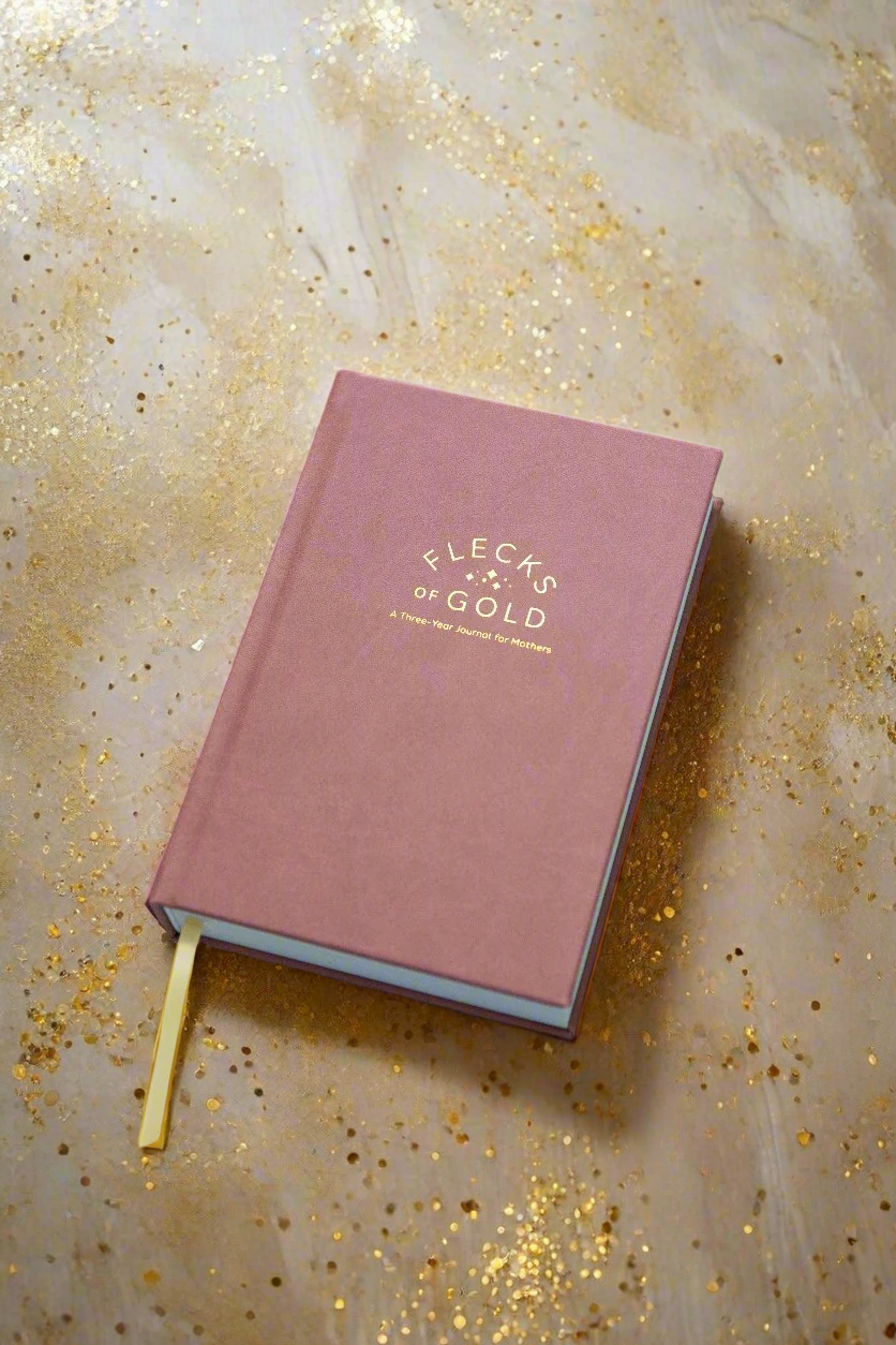 Vegan Rose Flecks of Gold Journal with gold embossing. A Three-Year Journal For Mothers. Helping you find the joy in Motherhood. A journal for moms who want to see the good in every day. Helping overwhelmed, busy moms. Created by Rachel Nielson of 3 in 30 Podcast. Motherhood Journal. Gratitude Journal.