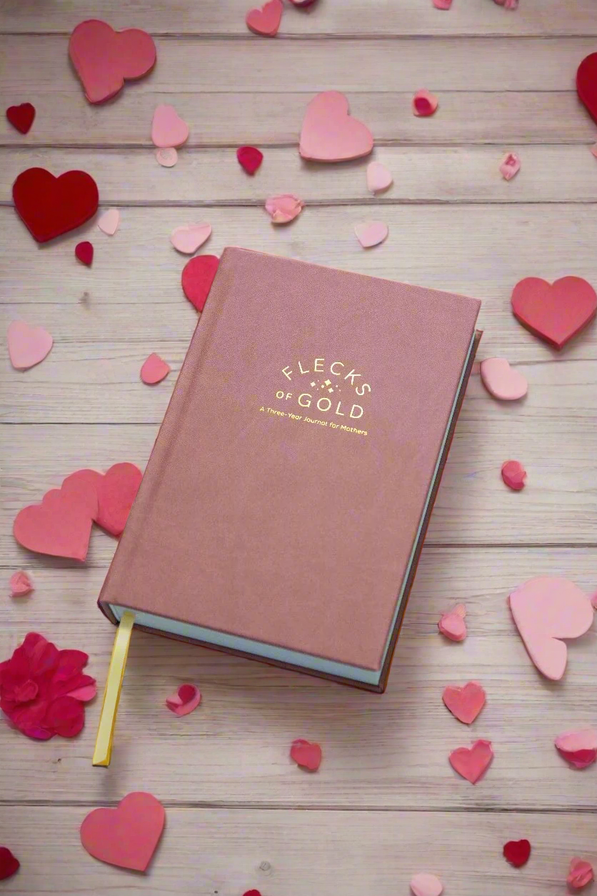 Vegan Rose Flecks of Gold Journal with gold embossing. A Three-Year Journal For Mothers. Helping you find the joy in Motherhood. A journal for moms who want to see the good in every day. Helping overwhelmed, busy moms. Created by Rachel Nielson of 3 in 30 Podcast. Motherhood Journal. Gratitude Journal.