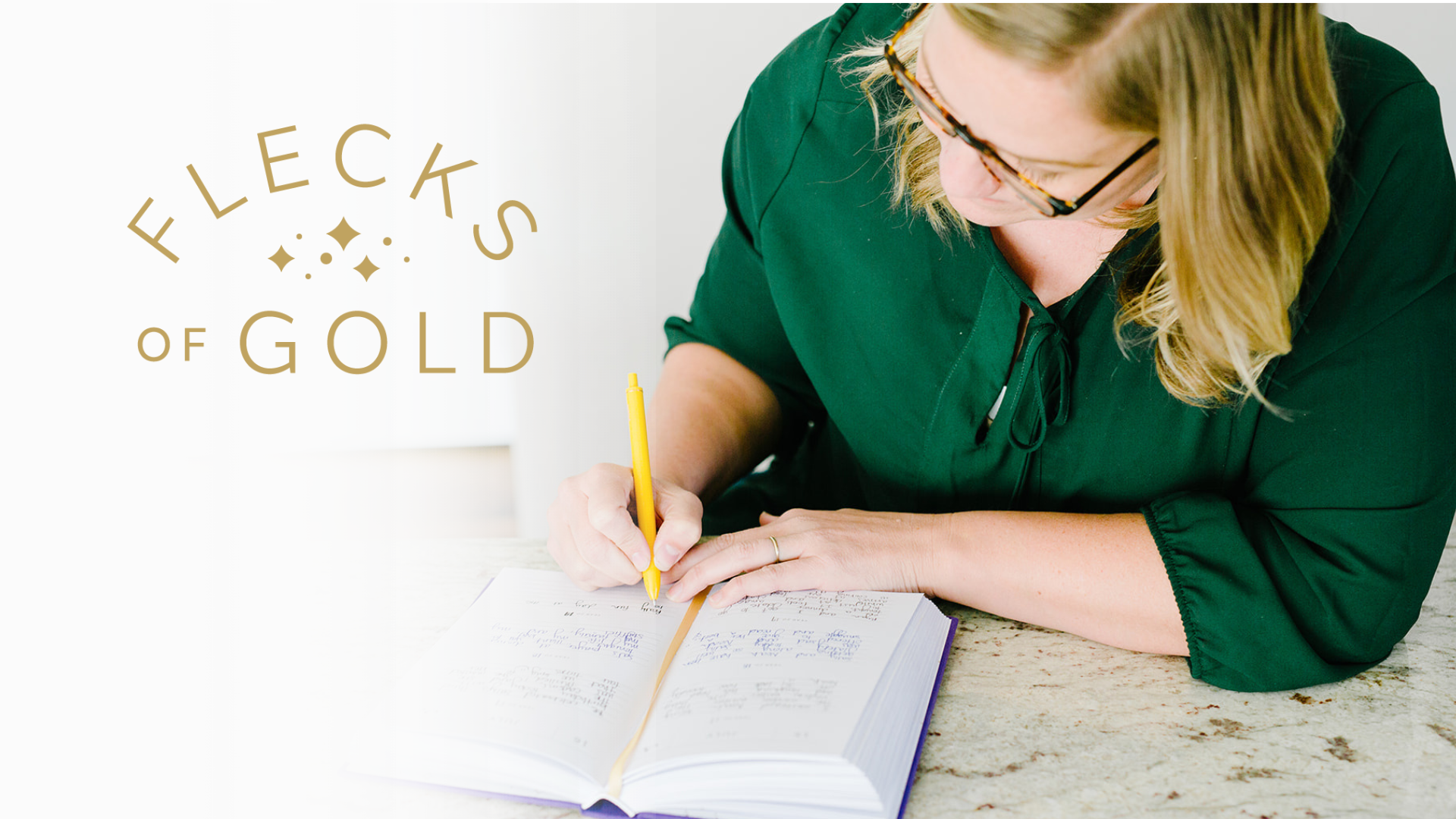 Rachel Nielson, host of the 3 in 30 Takeaways for Moms Podcast, writes in her Flecks of Gold Journal- a 3 year motherhood journal to help overwhelmed moms find the beauty, magic, and golden moments in their every-day.
