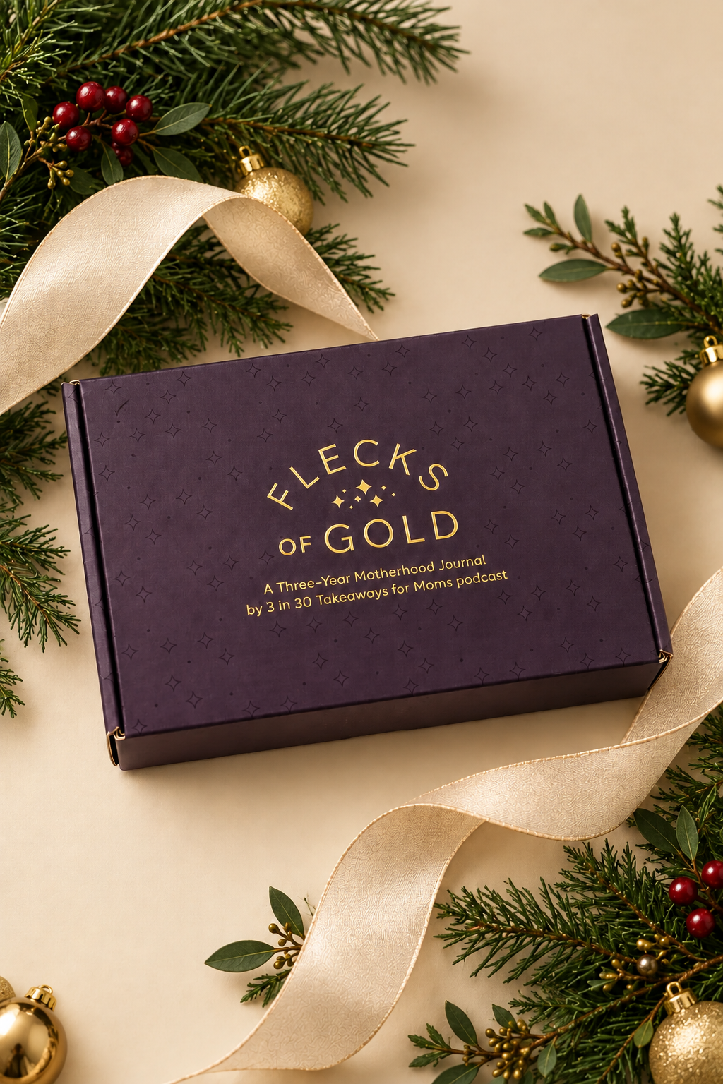 Flecks of Gold journal in its plum gift box surrounded by evergreen branches, berries, gold ornaments and cream ribbon, ready for Christmas gifting
