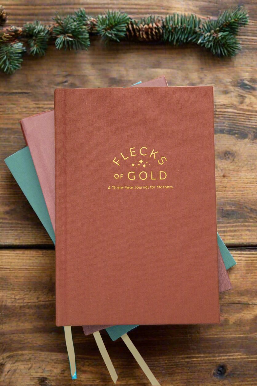 Terracotta Linen Flecks of Gold Journal with gold embossing. A Three-Year Journal For Mothers. Helping you find the joy in Motherhood. A journal for moms who want to see the good in every day. Helping overwhelmed, busy moms. Created by Rachel Nielson of 3 in 30 Podcast.