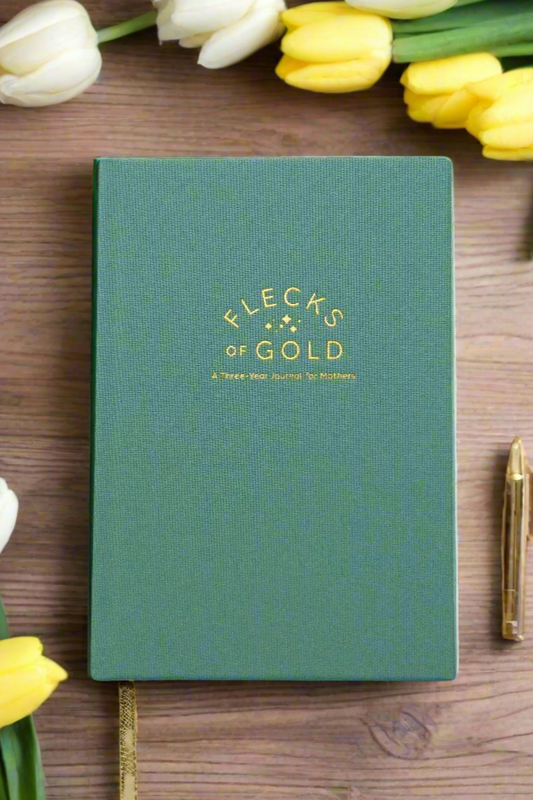 Teal Linen Flecks of Gold Journal with gold embossing. A Three-Year Journal For Mothers. Helping you find the joy in Motherhood. A journal for moms who want to see the good in every day. Helping overwhelmed, busy moms. Created by Rachel Nielson of 3 in 30 Podcast.  Motherhood Journal.  Three-year journal. Gratitude Journal.
