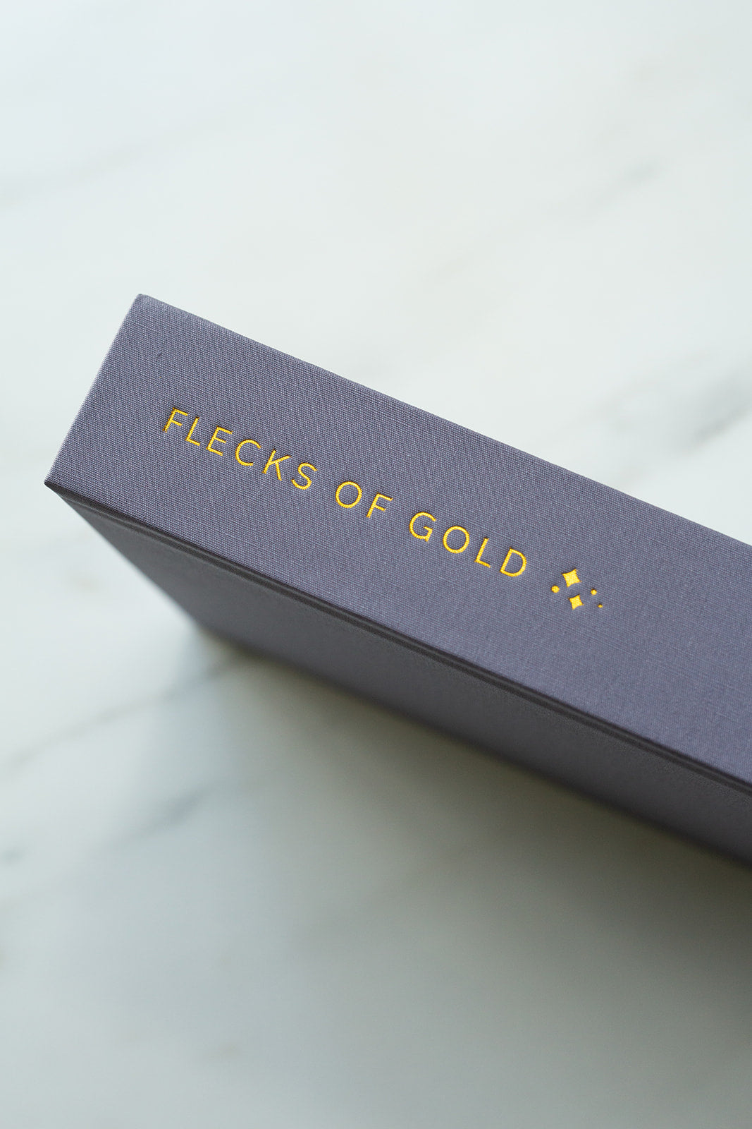 Beautiful Flecks of Gold Journal. Motherhood journal created by Rachel Nielson (host of the 3 in 30 Takeaways for Moms Podcast). A journal to help overwhelmed moms see the good, the magic, the gold in their everyday lives. Gold embossing.